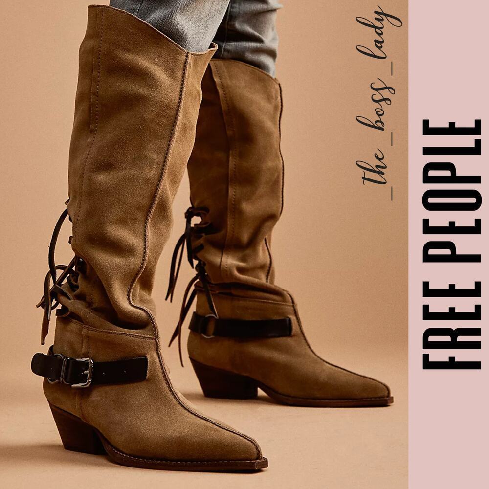 Free People slouch boots back-lace slouchy tall boots leather suede fringe - Picture 5 of 12
